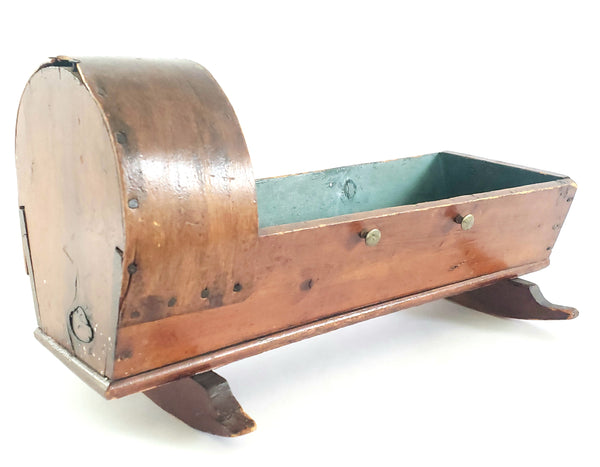 Antique Handcrafted Wooden Small Baby Doll Cradle w/ Bentwood Dome Hood