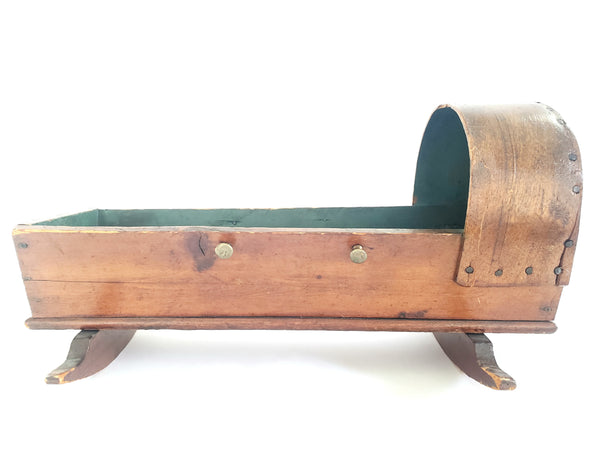 Antique Handcrafted Wooden Small Baby Doll Cradle w/ Bentwood Dome Hood