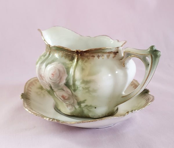 RS Prussia Creamer w/ Matching Saucer White & Pink Roses Red Mark Germany c. 1904-1918