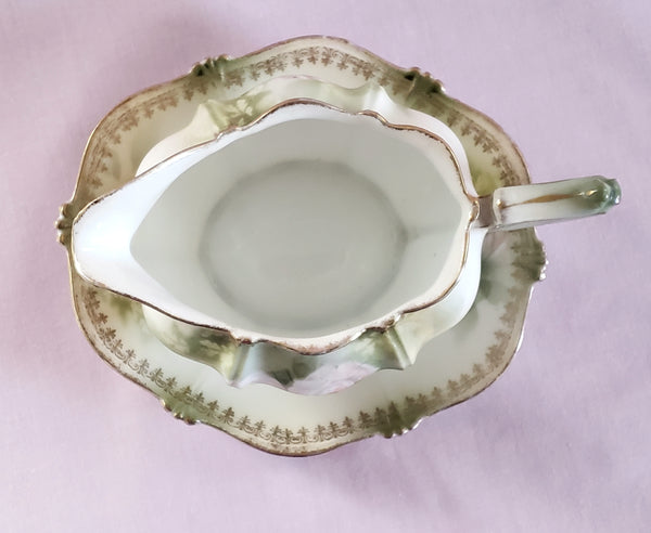 RS Prussia Creamer w/ Matching Saucer White & Pink Roses Red Mark Germany c. 1904-1918