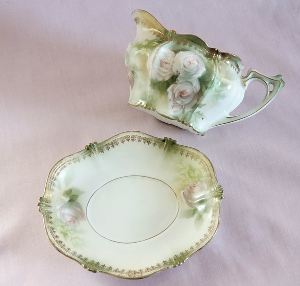 RS Prussia Creamer w/ Matching Saucer White & Pink Roses Red Mark Germany c. 1904-1918