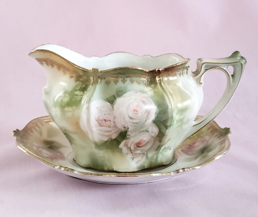 RS Prussia Creamer w/ Matching Saucer White & Pink Roses Red Mark Germany c. 1904-1918