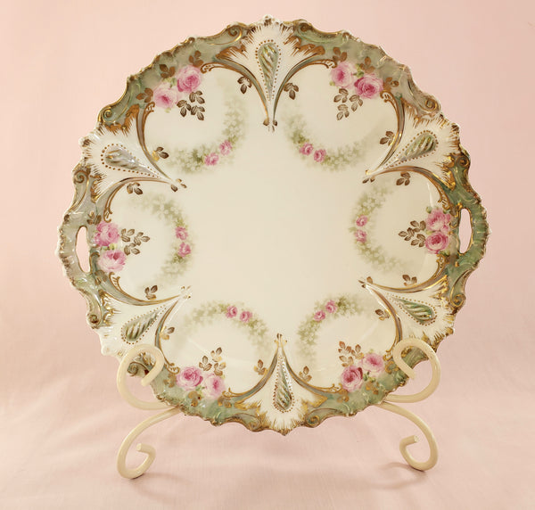 RS Prussia Scalloped Serving Dish w/ Pink Roses w/ Green Swag, Germany c. 1904-1918
