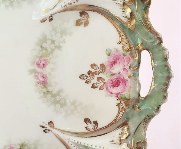 RS Prussia Scalloped Serving Dish w/ Pink Roses w/ Green Swag, Germany c. 1904-1918