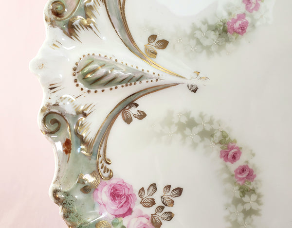 RS Prussia Scalloped Serving Dish w/ Pink Roses w/ Green Swag, Germany c. 1904-1918
