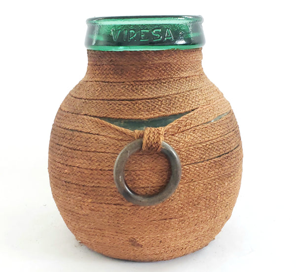Vintage VIRESA Demijohn Bottle - Green Glass Jug in Woven Wrap w/ 2 Bangle Handles