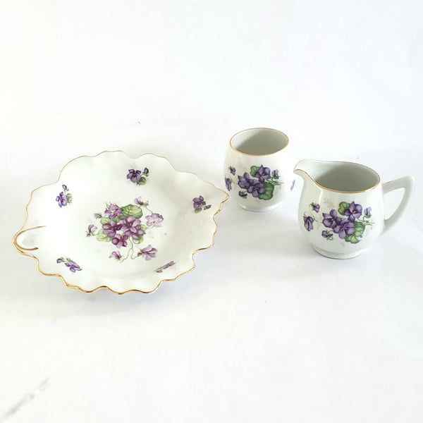 Vintage Mini Sugar, Creamer & Snack Dish Set Purple Violets by Schumann Germany