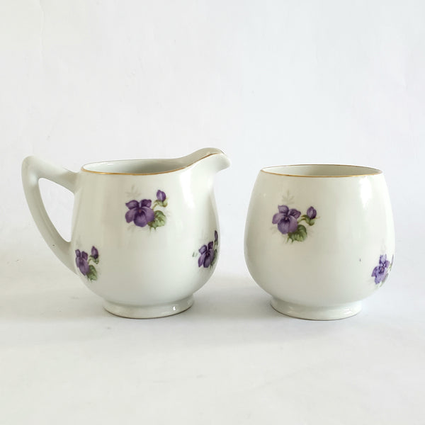 Vintage Mini Sugar, Creamer & Snack Dish Set Purple Violets by Schumann Germany
