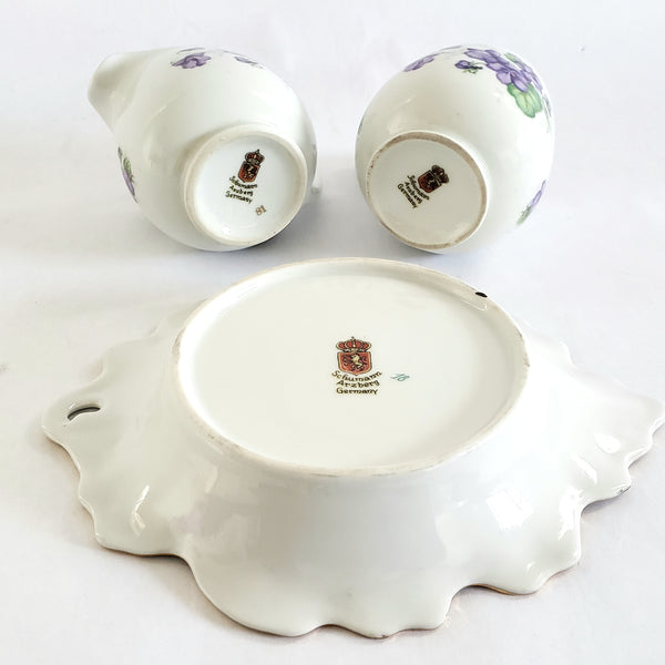 Vintage Mini Sugar, Creamer & Snack Dish Set Purple Violets by Schumann Germany