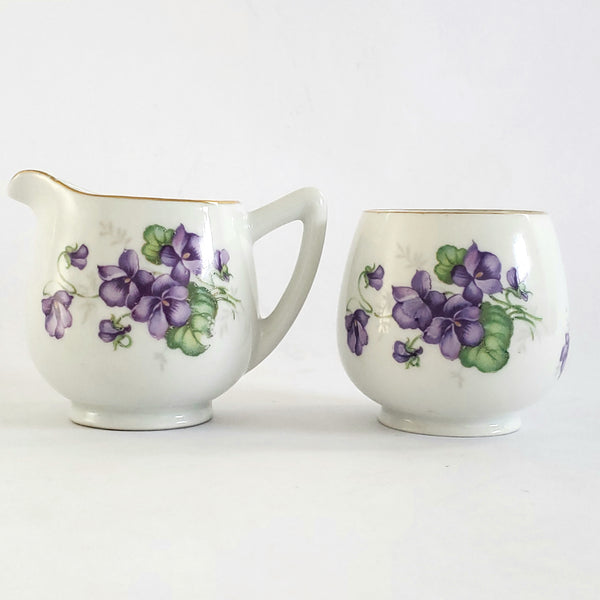 Vintage Mini Sugar, Creamer & Snack Dish Set Purple Violets by Schumann Germany