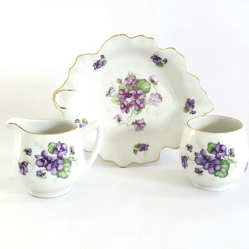 Vintage Mini Sugar, Creamer & Snack Dish Set Purple Violets by Schumann Germany 