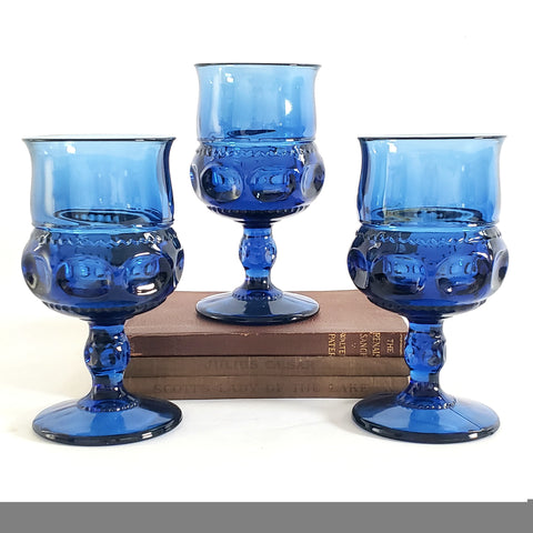 Blue Colony Crown Thumbprint Water Goblet by Lancaster Colony Corp - Tiara c. 1970's - 1980's