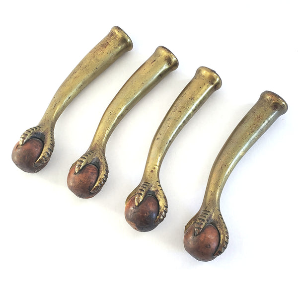 Antique Ball and Claw Foot Terminals Brass & Wood Set of 4