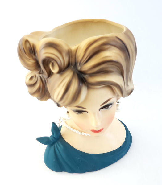 Mid Century Lady Head Vase Planter in Turquoise C7294 by Napcoware 7 1/4 inch