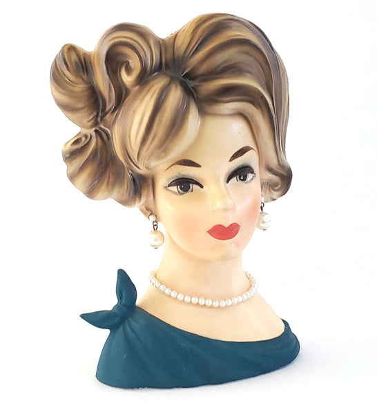 Mid Century Lady Head Vase Planter in Turquoise C7294 by Napcoware 7 1/4 inch