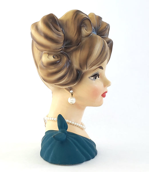 Mid Century Lady Head Vase Planter in Turquoise C7294 by Napcoware 7 1/4 inch