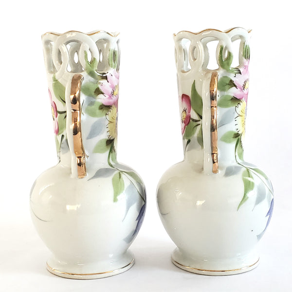 Vintage Floral Vases w/ Articulated Edge & Handles 6" Occupied Japan Set of 2