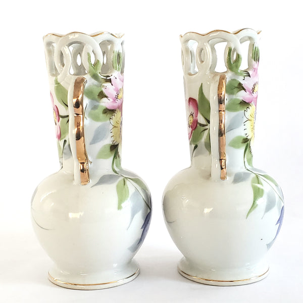 Occupied Japan 6" Floral Vases w/ Articulated Edge and Handles by UCAGCO (Set of 2)