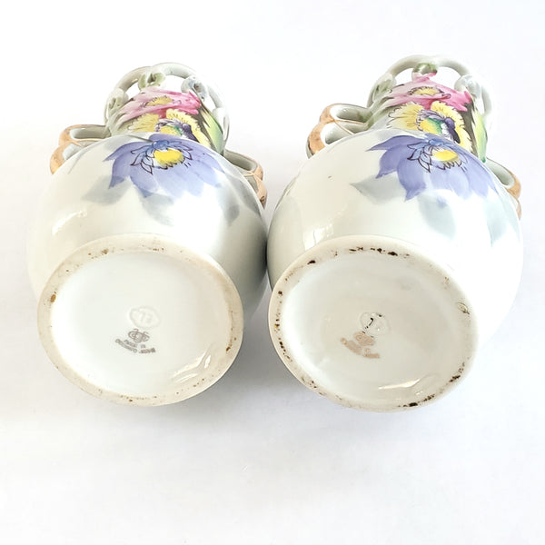 Vintage Floral Vases w/ Articulated Edge & Handles 6" Occupied Japan Set of 2
