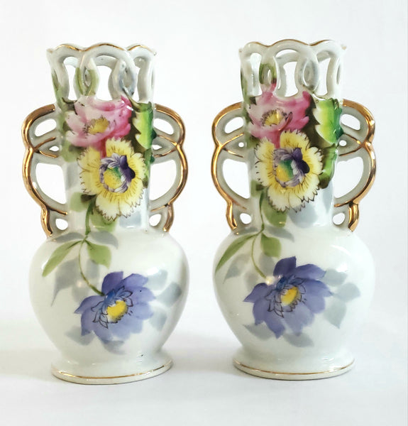 Occupied Japan 6" Floral Vases w/ Articulated Edge and Handles by UCAGCO (Set of 2)