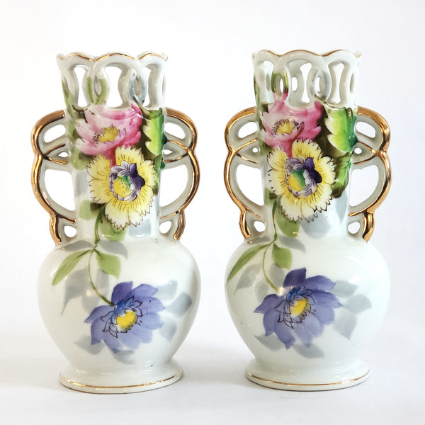 Vintage Floral Vases w/ Articulated Edge & Handles 6" Occupied Japan Set of 2
