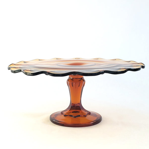 Amber Glass Pedestal Cake Stand "Teardrop" by Indiana Glass c. Mid Century