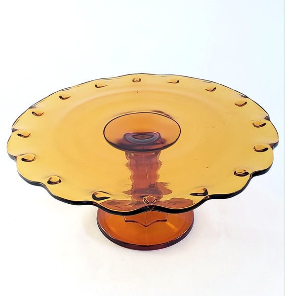 Amber Glass Pedestal Cake Stand "Teardrop" by Indiana Glass c. Mid Century
