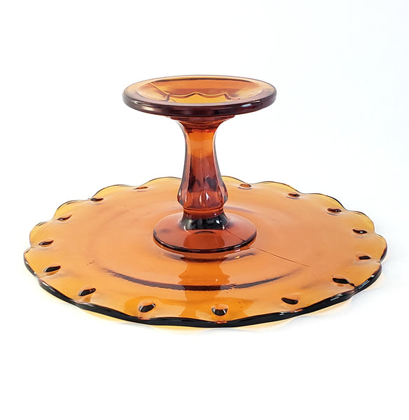 Amber Glass Pedestal Cake Stand "Teardrop" by Indiana Glass c. Mid Century