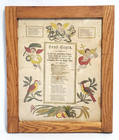 Antique Framed Pennsylvania German Fraktur, HAUS SEGEN - House of Blessing c. 1800's