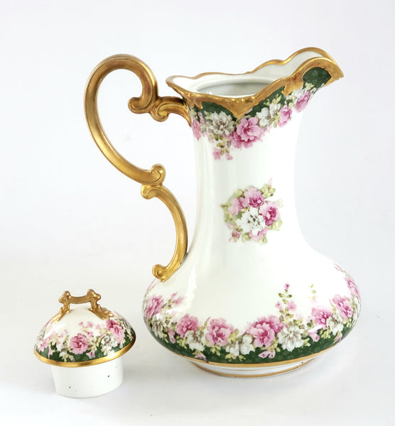 Antique Imperial Crown Austria Chocolate Pot, Vienna Austria, Pink Roses w/ Green Edges