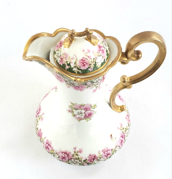 Antique Imperial Crown Austria Chocolate Pot, Vienna Austria, Pink Roses w/ Green Edges