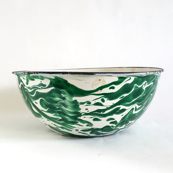 Antique Green and White Swirl Enamelware Mixing Bowl c. 1800-Early 1900