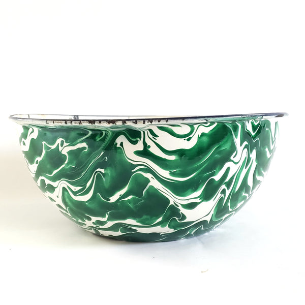 Antique Green and White Swirl Enamelware Mixing Bowl c. 1800-Early 1900