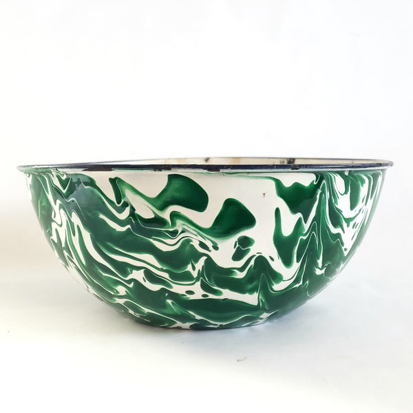 Antique Green and White Swirl Enamelware Mixing Bowl c. 1800-Early 1900