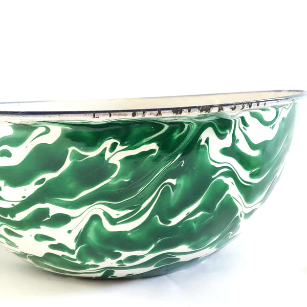 Antique Green and White Swirl Enamelware Mixing Bowl c. 1800-Early 1900