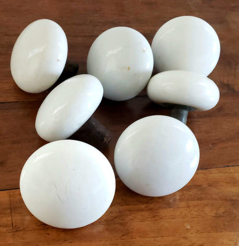Antique 2 1/4" White Porcelain Door Knobs with Iron Shafts, Lot of 7