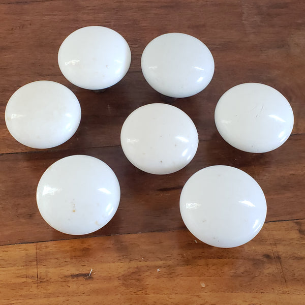 Antique 2 1/4" White Porcelain Door Knobs with Iron Shafts, Lot of 7