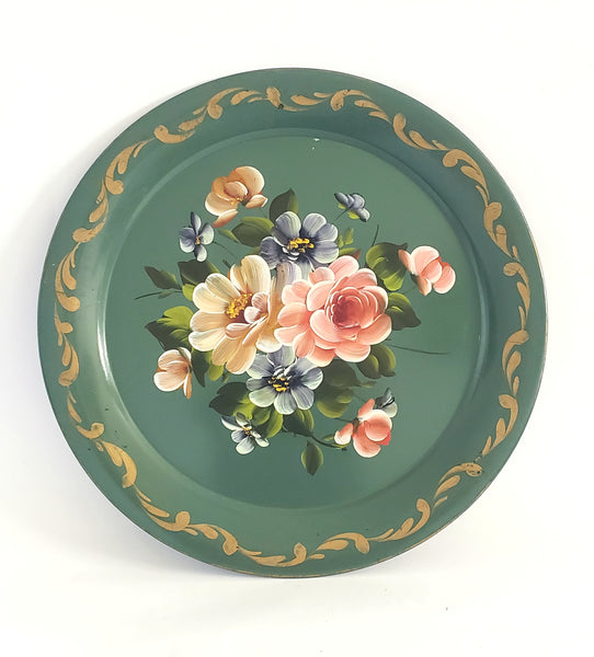 Charming Large Hand Painted Round Green Floral Toleware Tray c. Mid-Century