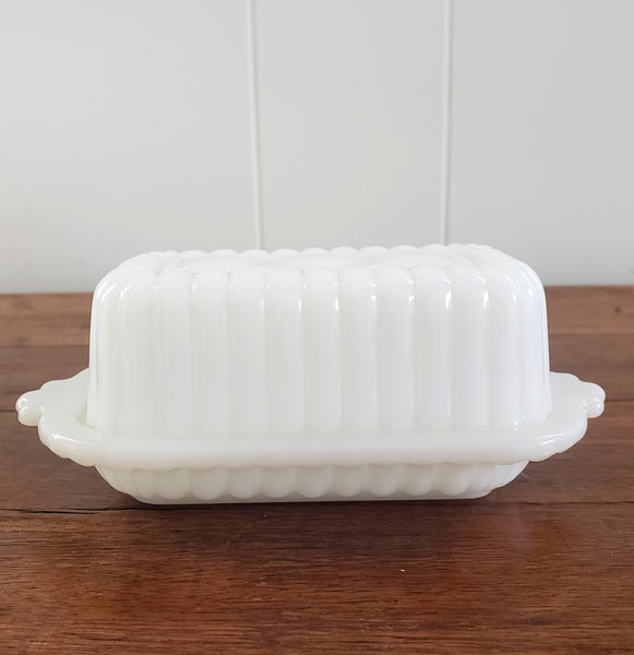 Small Half Stick Milk White Glass Covered Butter Dishes Set of 2 - Mid Century