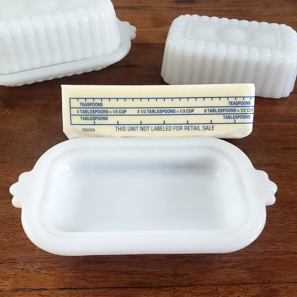 Small Half Stick Milk White Glass Covered Butter Dishes Set of 2 - Mid Century