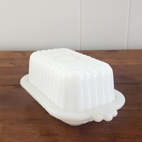 Small Half Stick Milk White Glass Covered Butter Dishes Set of 2 - Mid Century