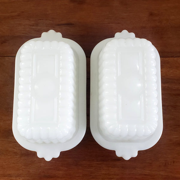 Small Half Stick Milk White Glass Covered Butter Dishes Set of 2 - Mid Century