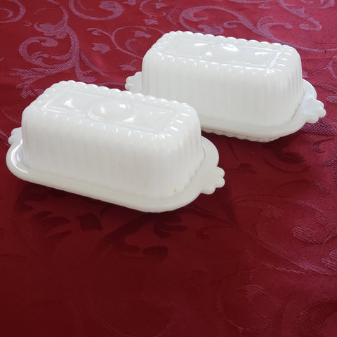 Small Half Stick Milk White Glass Covered Butter Dishes Set of 2 - Mid Century