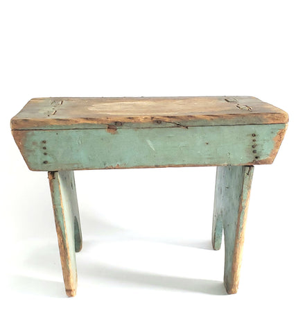 Primitive Wooden Footstool w/ Mortise and Tenon Construction Original Blue Paint