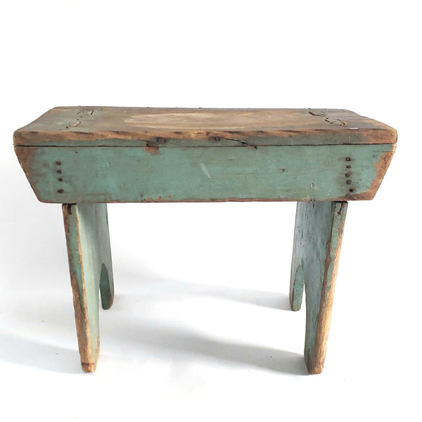 Primitive Wooden Footstool w/ Mortise and Tenon Construction Original Blue Paint