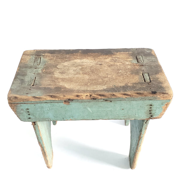 Primitive Wooden Footstool w/ Mortise and Tenon Construction Original Blue Paint