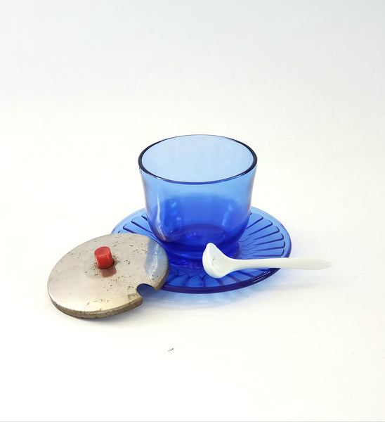Cobalt Blue Glass Mustard Cup w/ Attached Underplate Metal Lid - Petalware by Macbeth-Evans c. 1930's