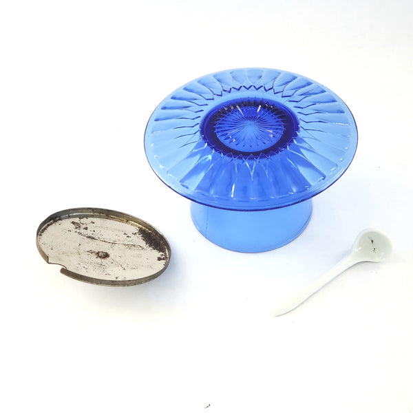 Cobalt Blue Glass Mustard Cup w/ Attached Saucer Metal Lid - Petalware by Macbeth-Evans c. 1930's