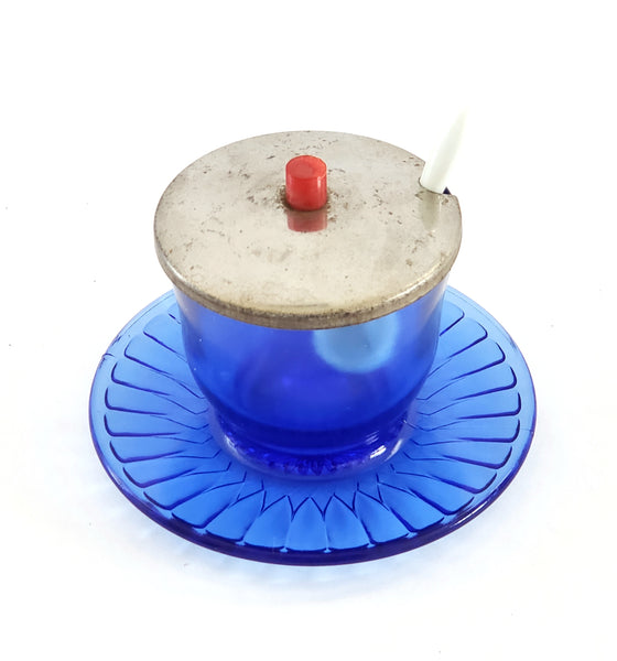 Cobalt Blue Glass Mustard Cup w/ Attached Saucer Metal Lid - Petalware by Macbeth-Evans c. 1930's