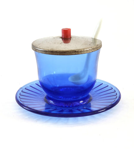 Cobalt Blue Glass Mustard Cup w/ Attached Underplate Metal Lid - Petalware by Macbeth-Evans c. 1930's